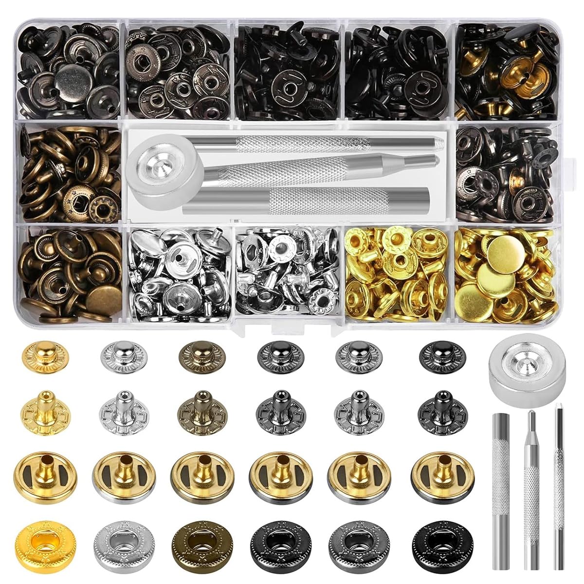 HASTHIP 120 Sets Metal Snap Button and Tools Set, 6 Color 12.5mm Button Snaps Press Studs with 4 Setter Tools, Leather Snap Fasteners Kit for Clothes, Jackets, Jeans Wears, Bags HASTHIP 120 Sets Metal Snap Button and Tools Set, 6 Color 12.5mm Button Snaps Press Studs with 4 Setter Tools, Leather Snap Fasteners Kit for Clothes, Jackets, Jeans Wears, Bags